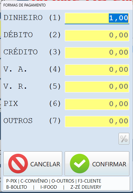 Tela de formas de pagamento do SacPDV